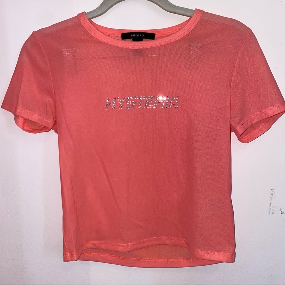 Neon orange sheer crop top tee rhinestones